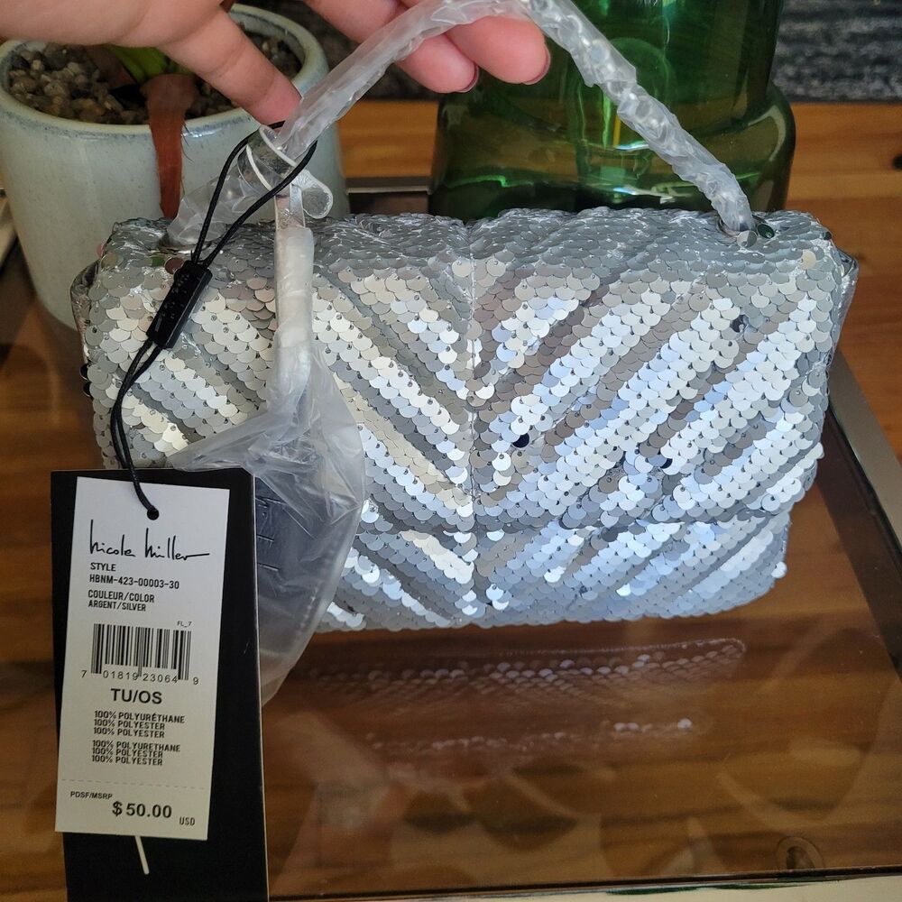 Nicole Miller Silver Sequin Handbag Chevron Quilted Crossbody Purse Evening Bag - Picture 11 of 12